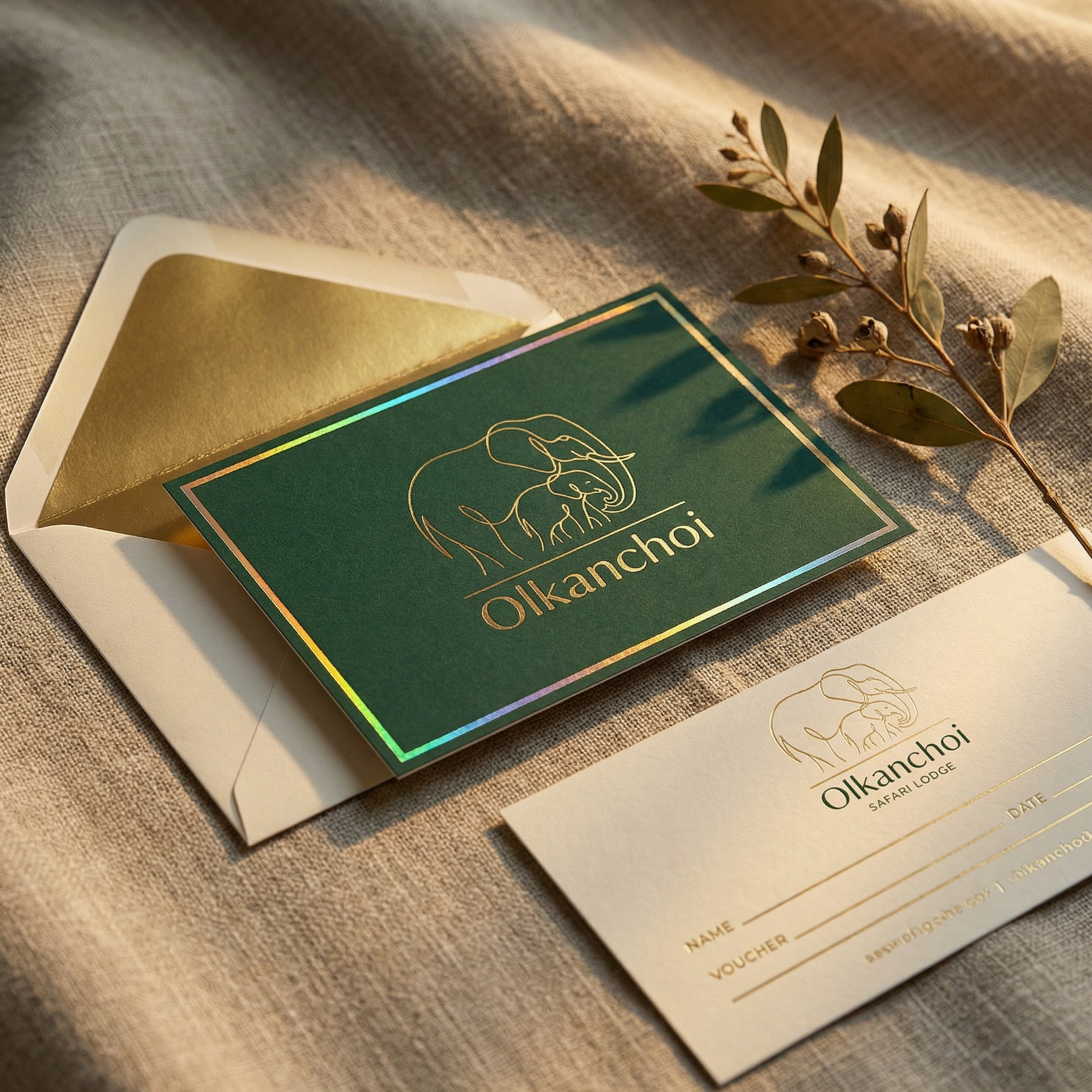 Olkanchoi luxury gift vouchers with gold foil embossed elephant logo